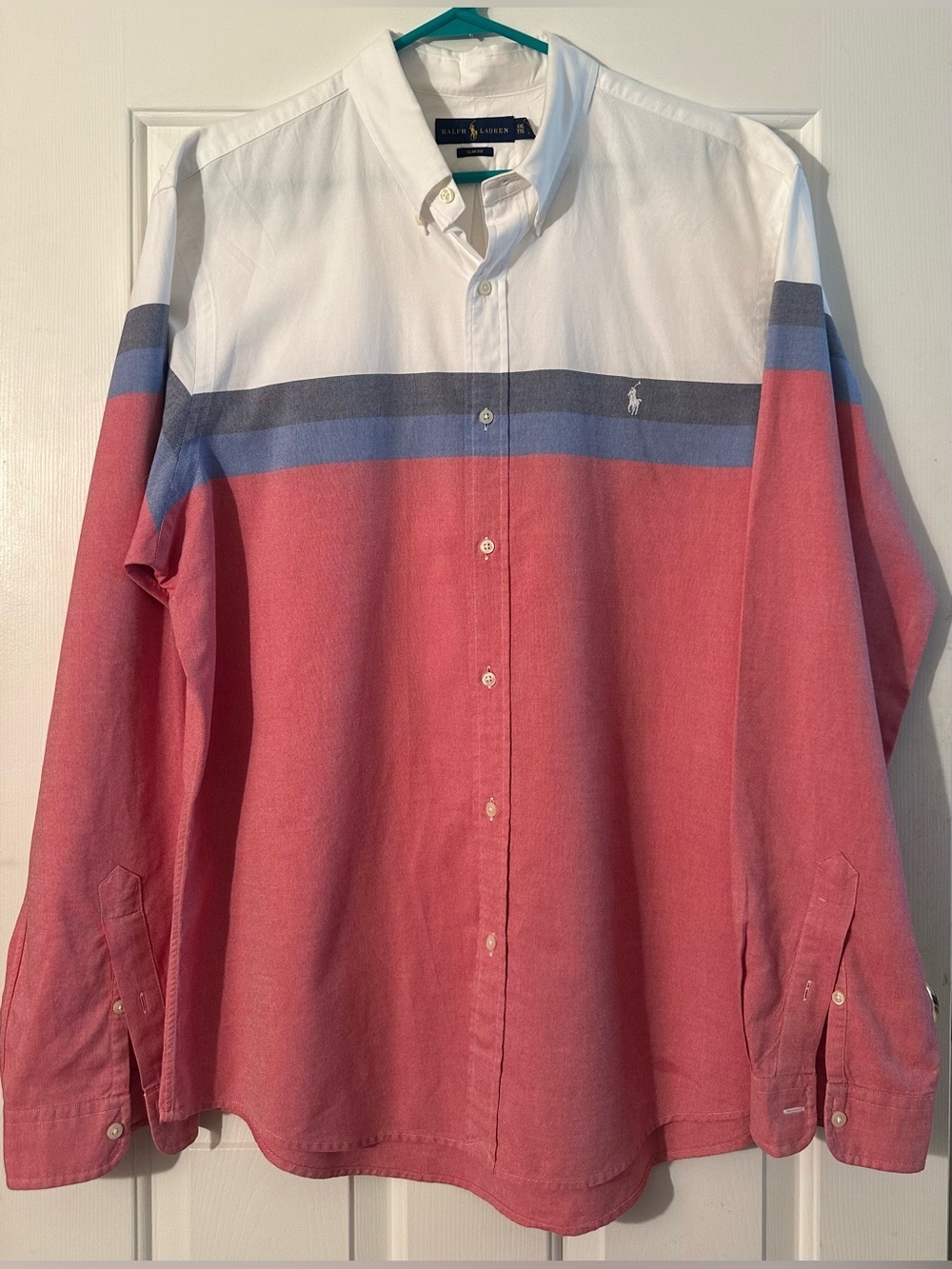 RALPH LAUREN XXL Slim Fit Color Block Red White Blue USA 250th Cotton L/S Shirt